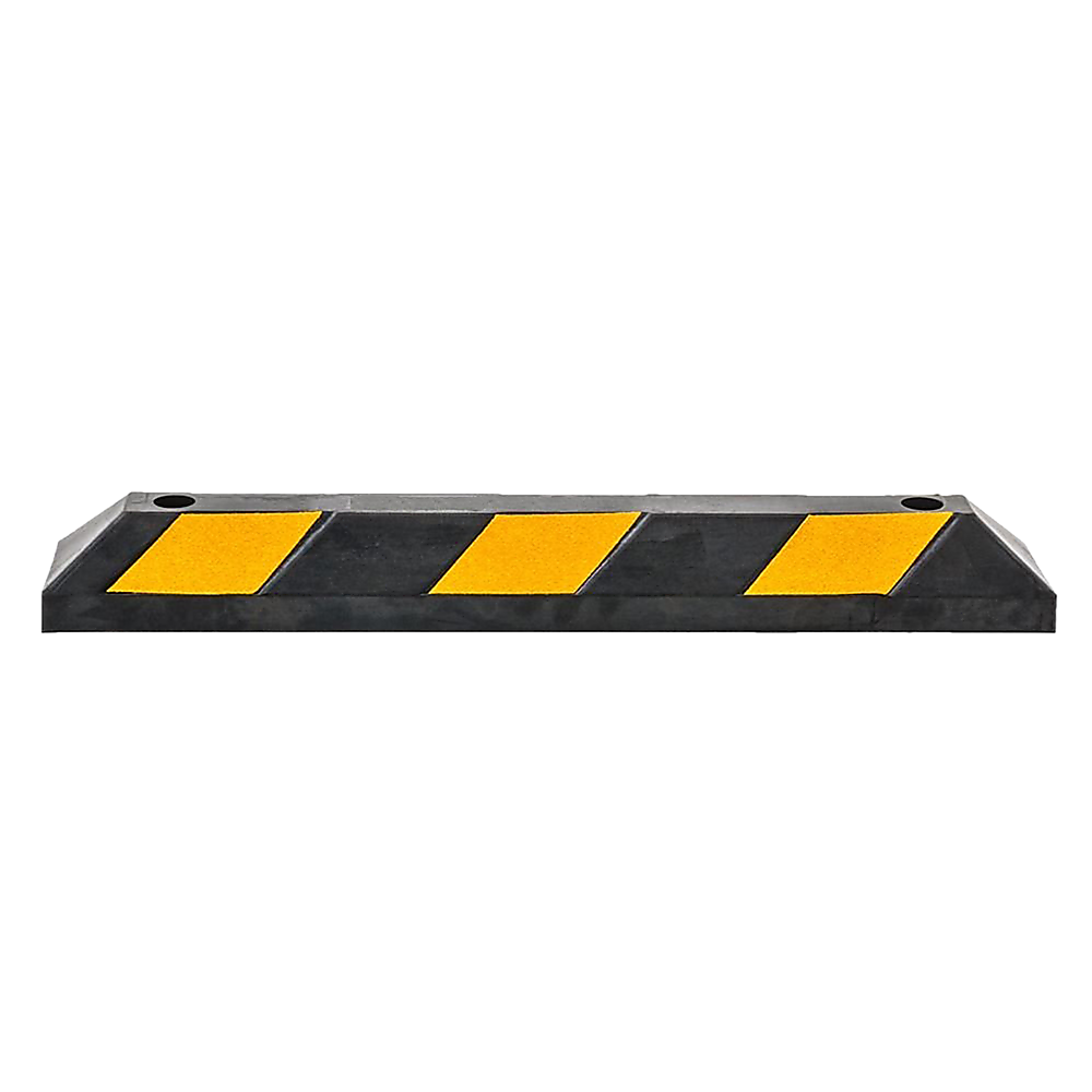 Black rubber wheel stop with yellow reflective pads and two top mounting holes