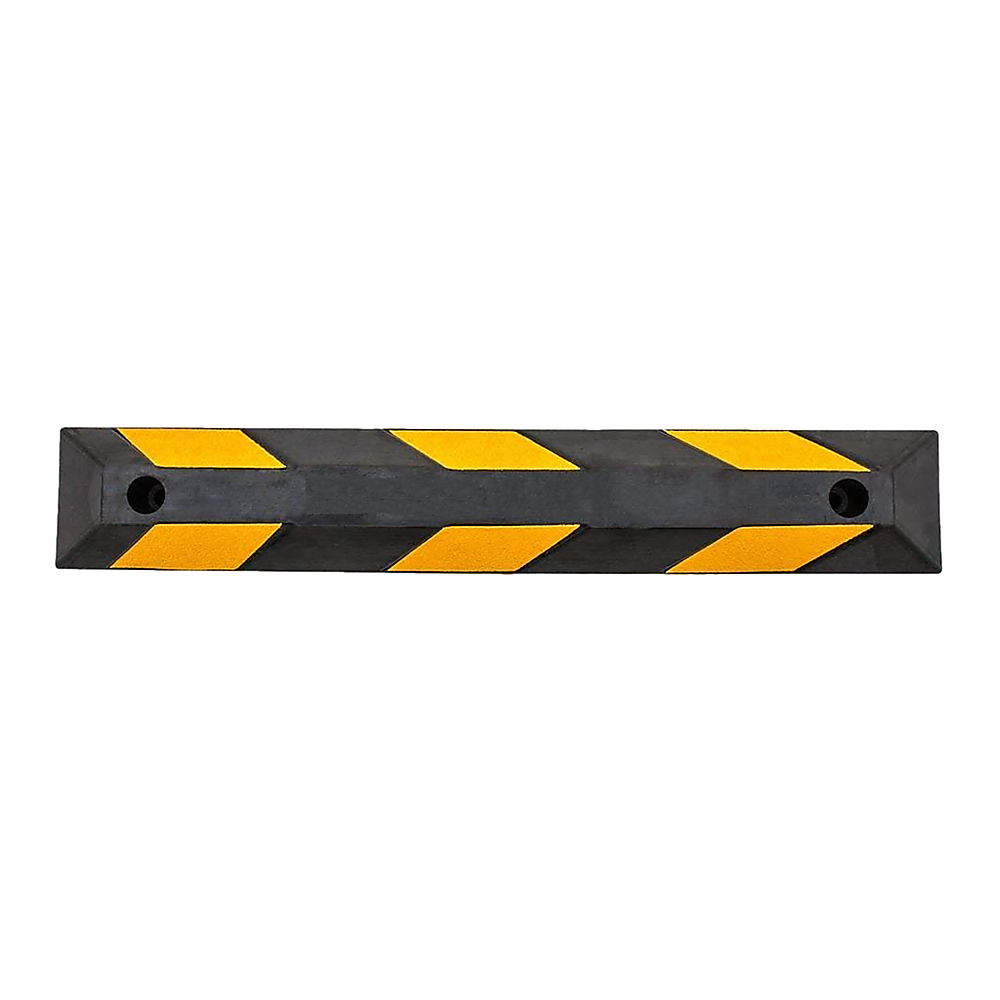 Black rubber wheel stop with multiple yellow reflective pads and two side mounting holes