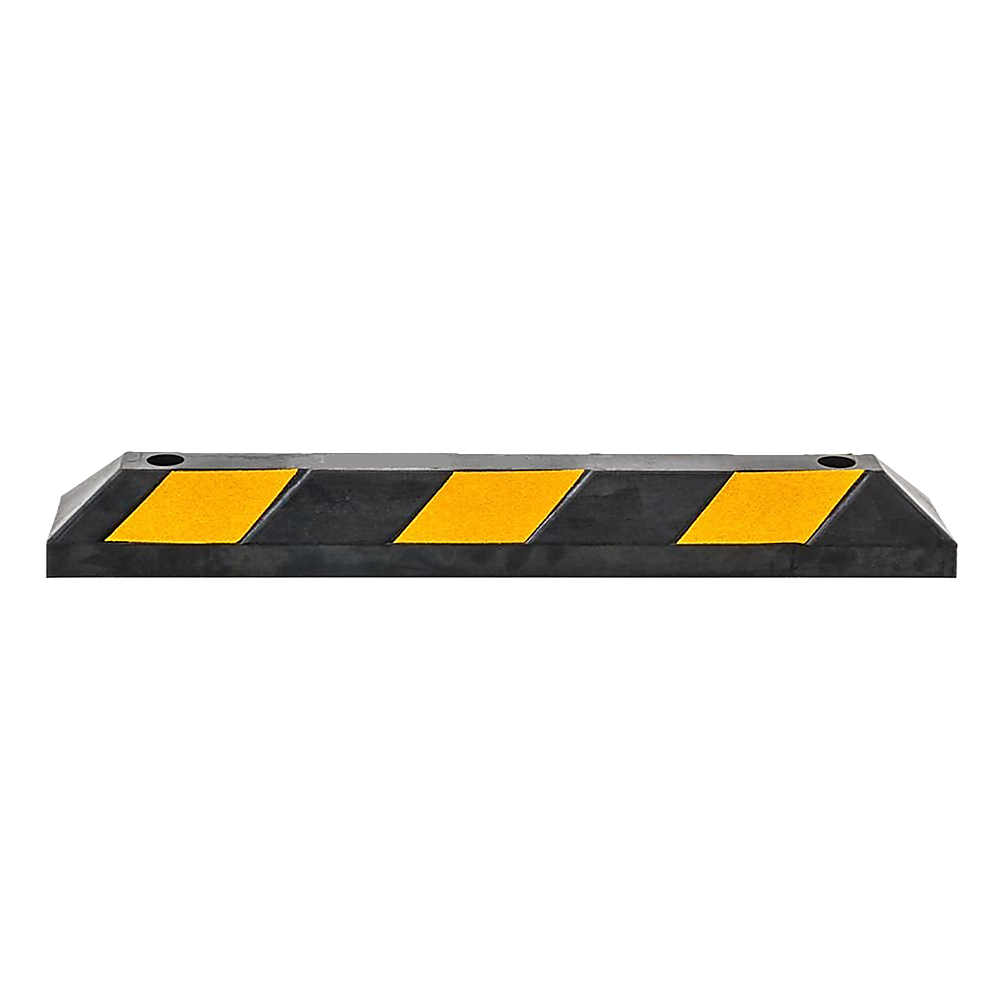 Black rubber wheel stop with four yellow reflective pads and two top mounting holes