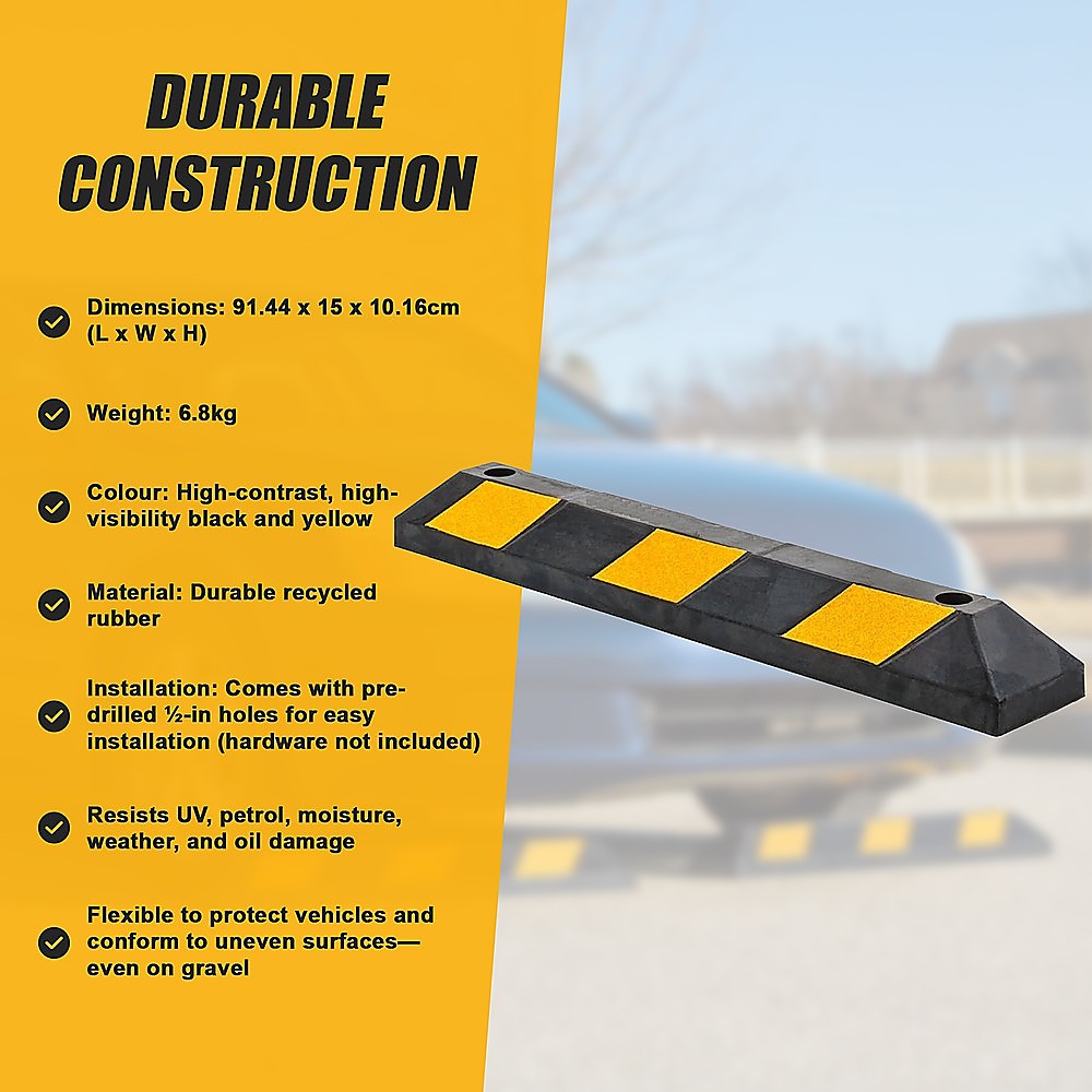 Black rubber wheel stop with yellow reflective pads, long rectangular shape