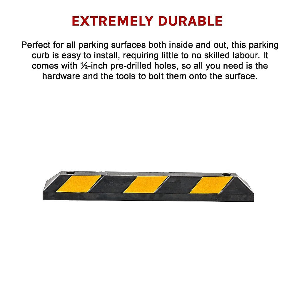 Rubber parking curb guide wheel stop in dark rubber with reflective yellow striping
