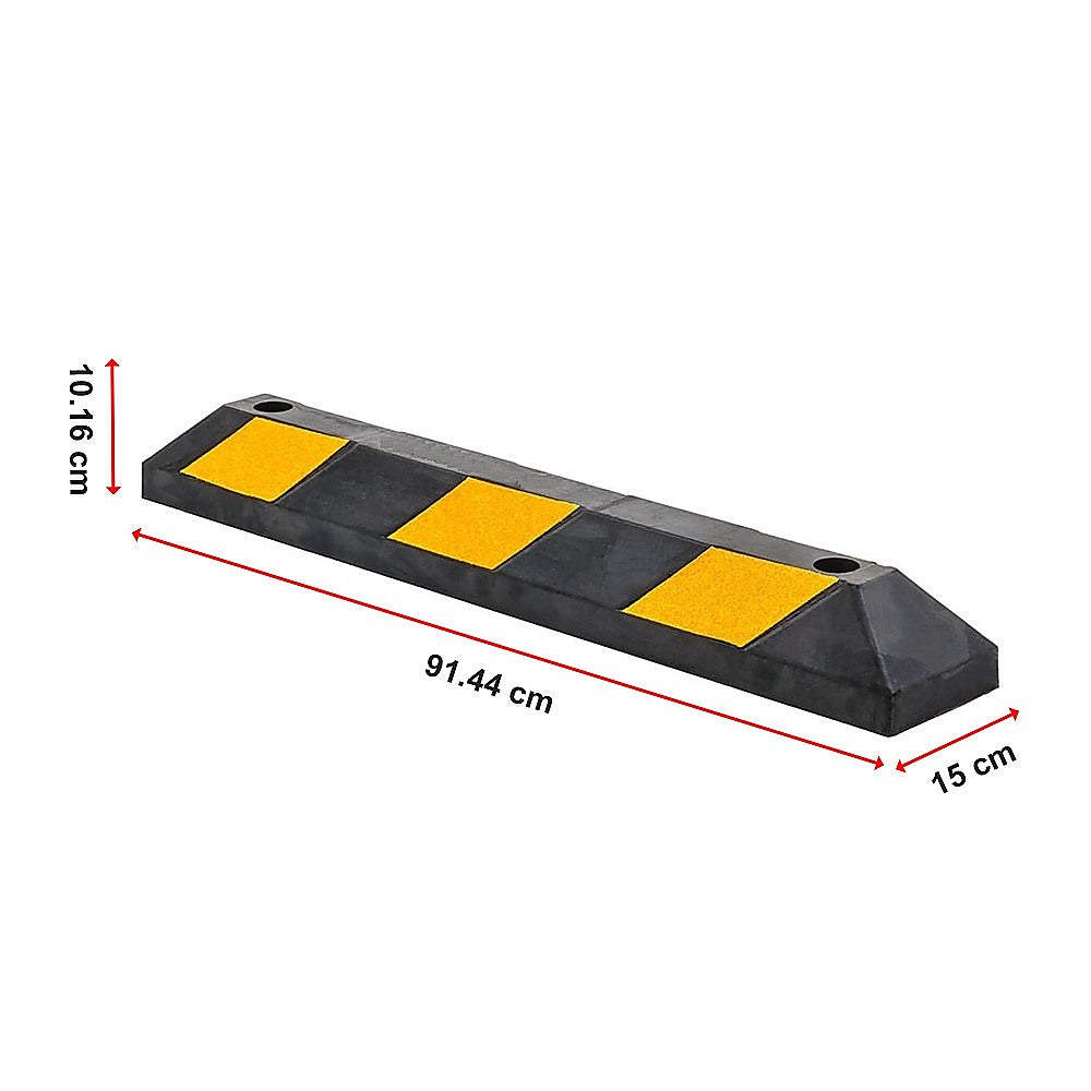 Rubber driveway wheel stop with reflective yellow blocks and side pre-drilled holes