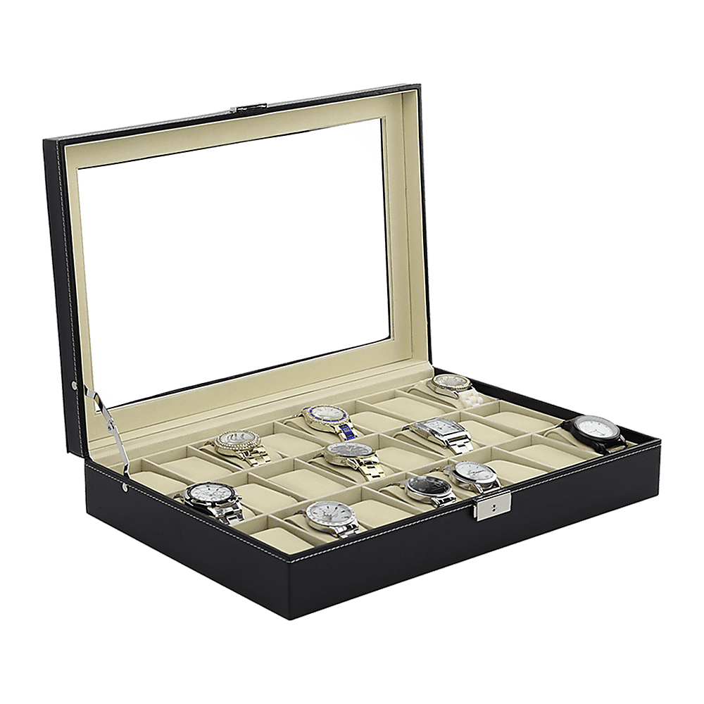 Watch Box - 24 Slot Luxury Display Case With Framed Glass Lid