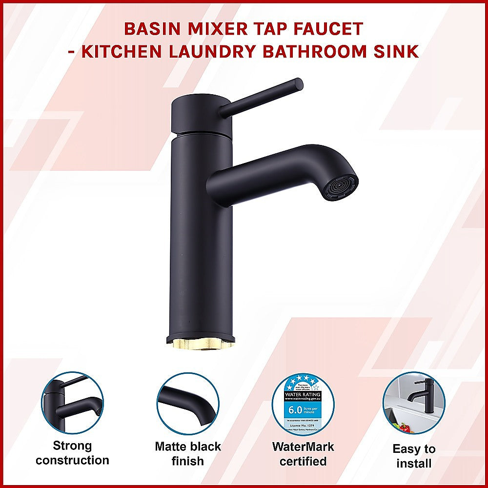 Matte black basin mixer tap with cylindrical body, curved spout, and round spray head