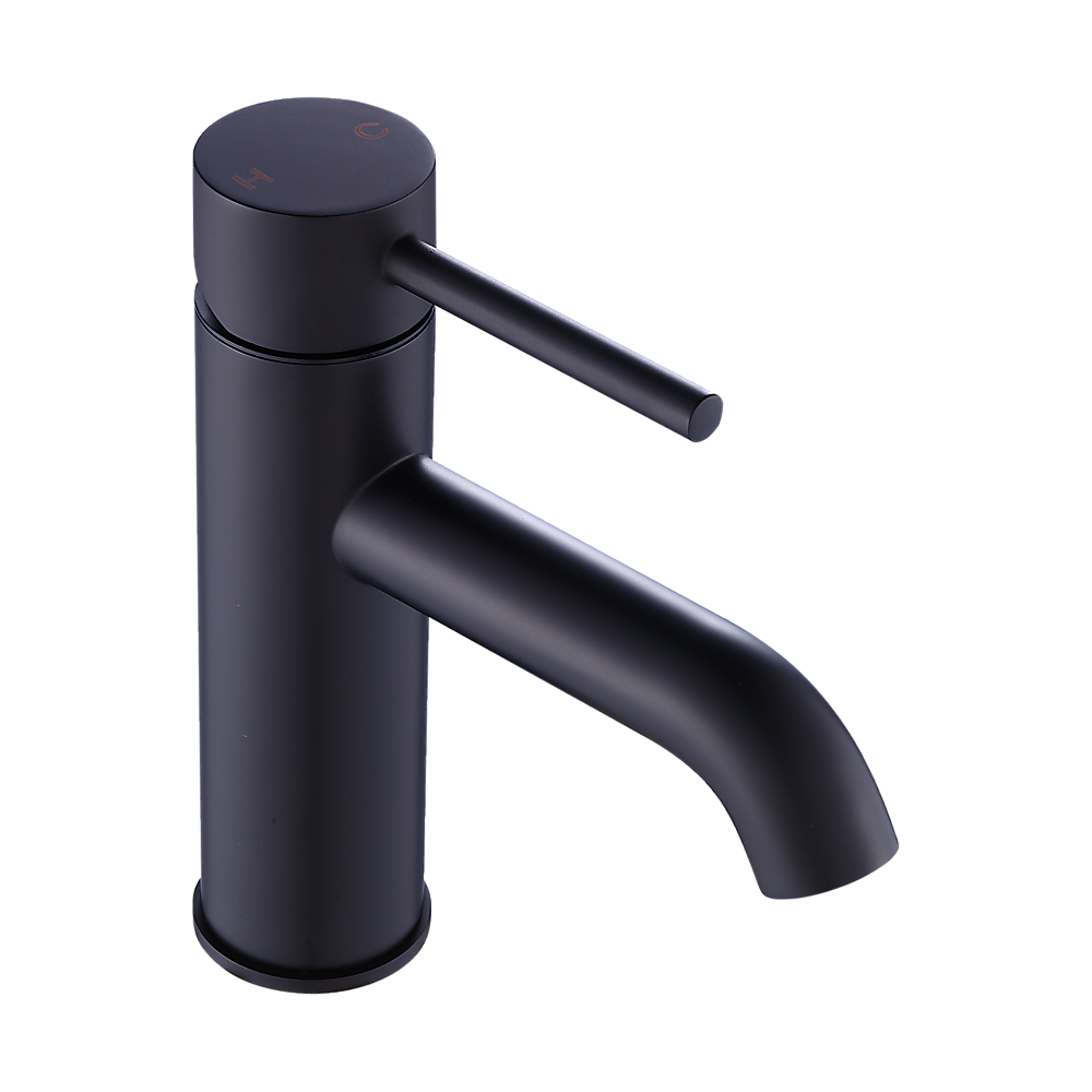 Matte black basin mixer tap with long curved spout and lever handle on cylindrical body
