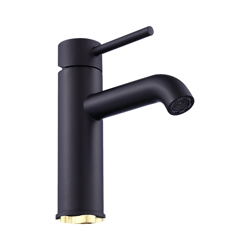 Matte black basin mixer tap with single lever handle and round aerator at spout