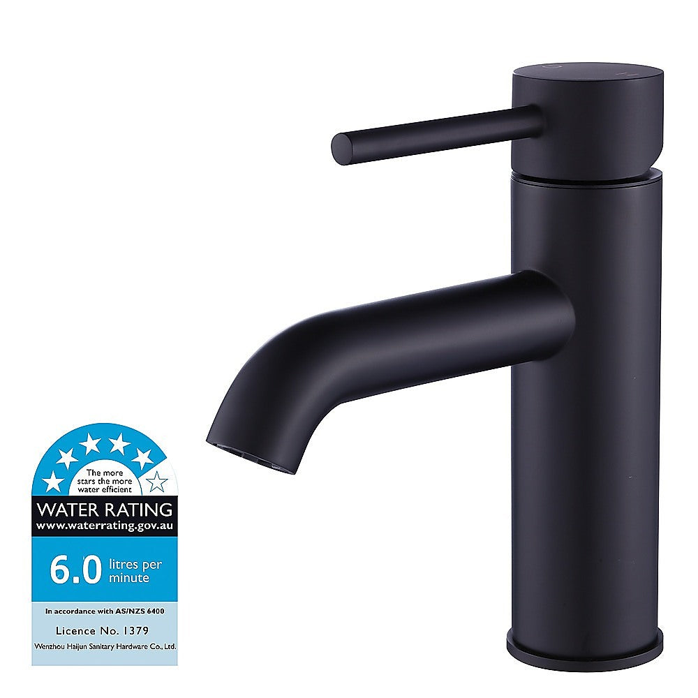 Matte black basin mixer tap with tall cylindrical body and angled lever handle