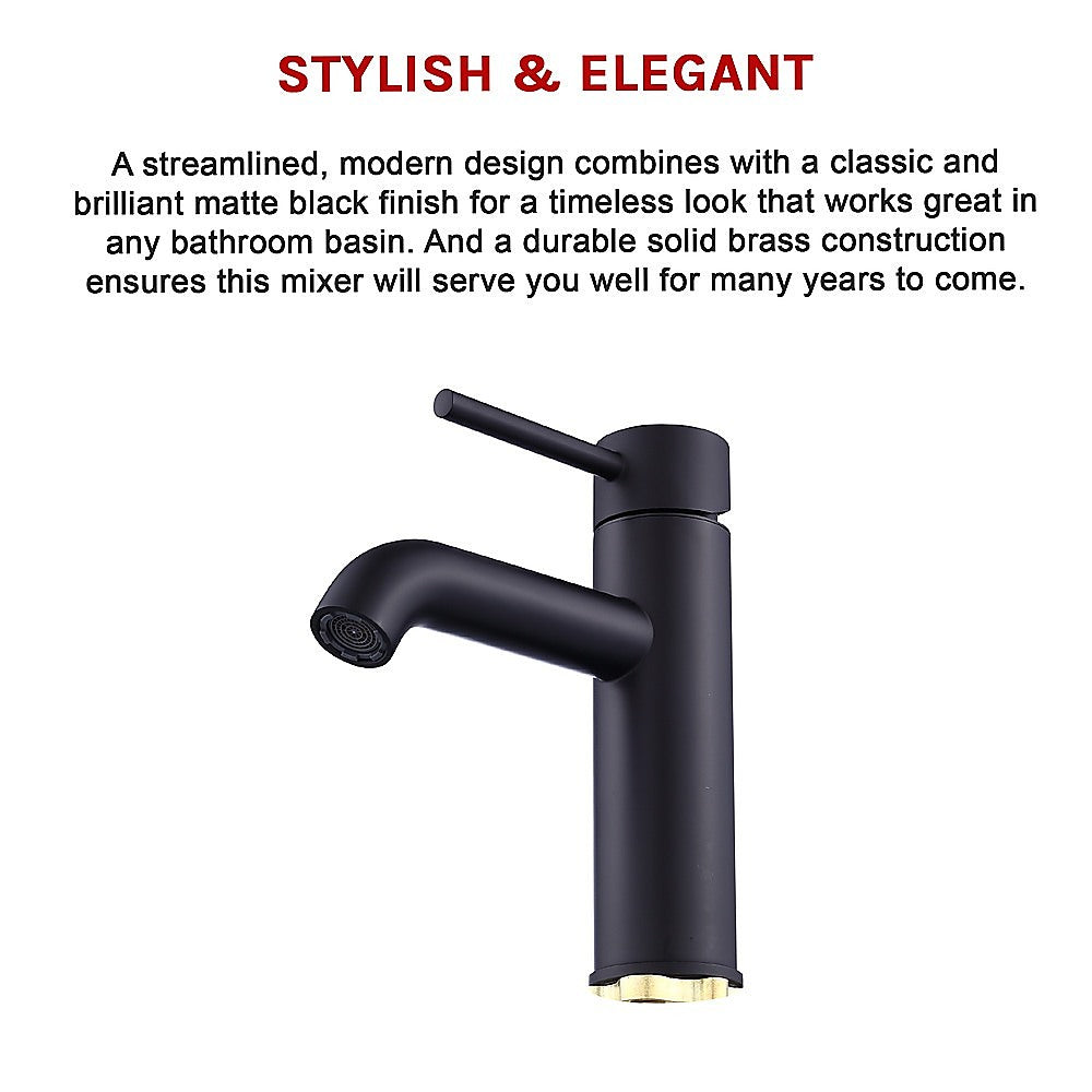 Matte black basin mixer tap with curved spout, lever handle, and round aerator