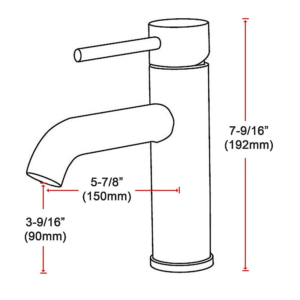 Basin mixer tap diagram with tall cylindrical body, side lever, and curved spout