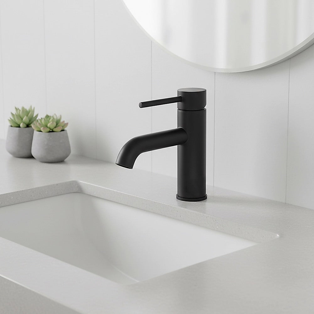 Matte black basin mixer tap with curved spout and cylindrical handle