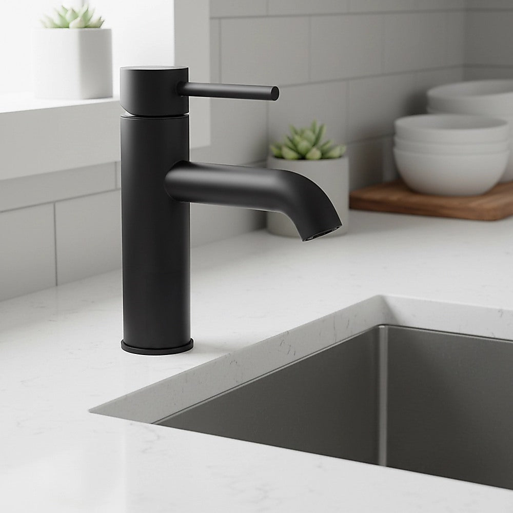 Matte black basin mixer tap with arched spout and side lever handle