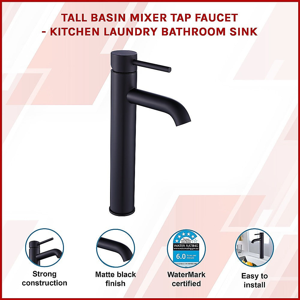 Tall basin mixer tap faucet, matte black single lever with arched spout