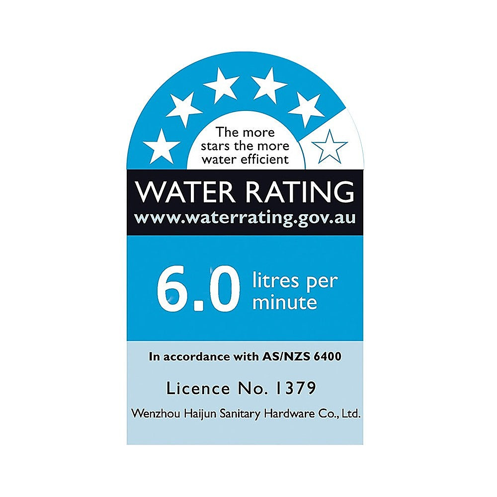 Water rating label showing 6.0 litres per minute flow certification