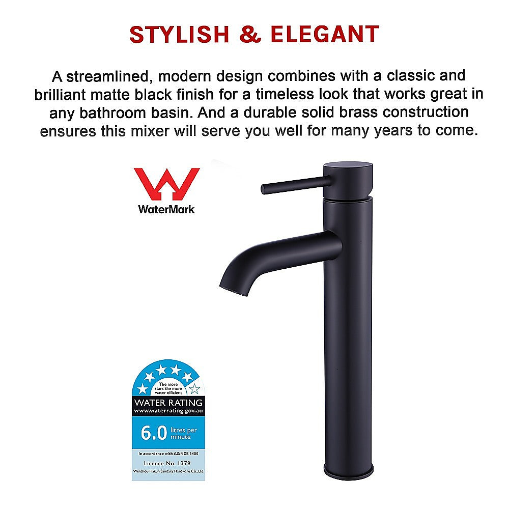 Tall mixer tap faucet in matte black with single lever and curved spout