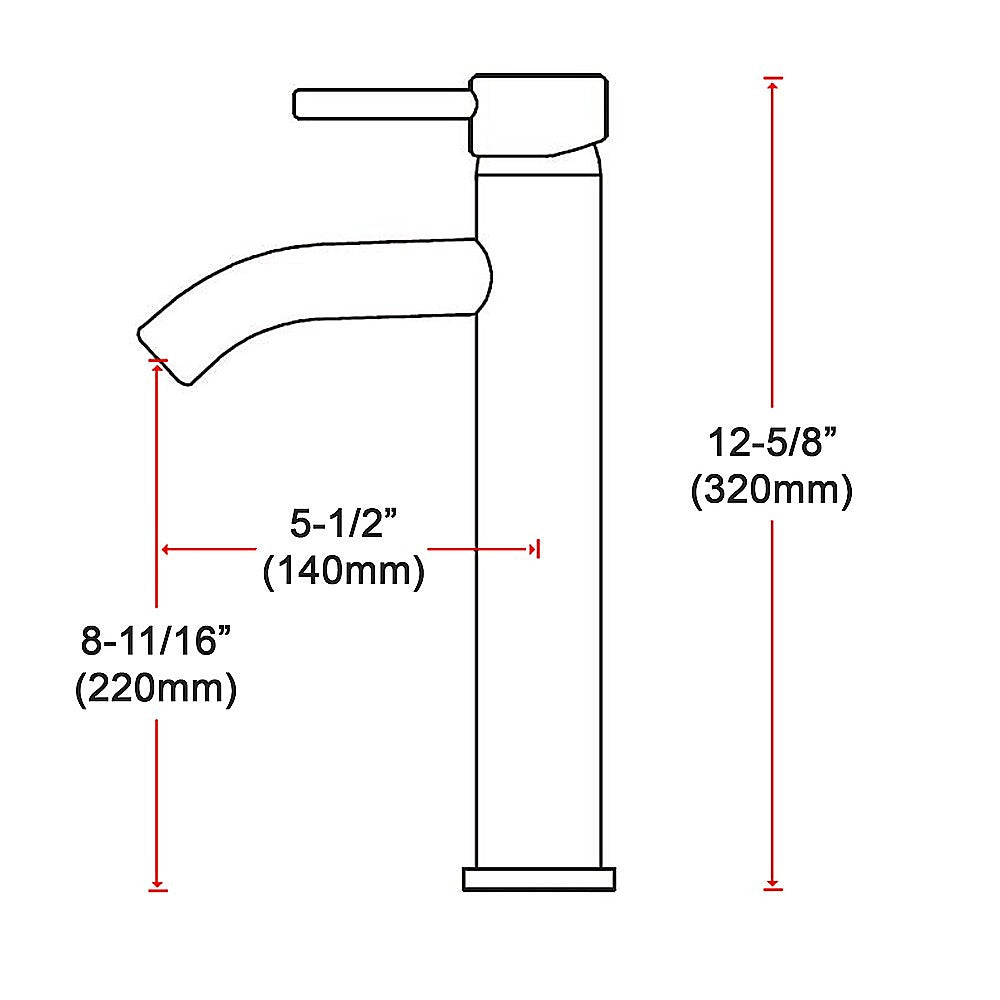 Tall mixer tap faucet diagram with spout arc and height dimension 12-5/8 in