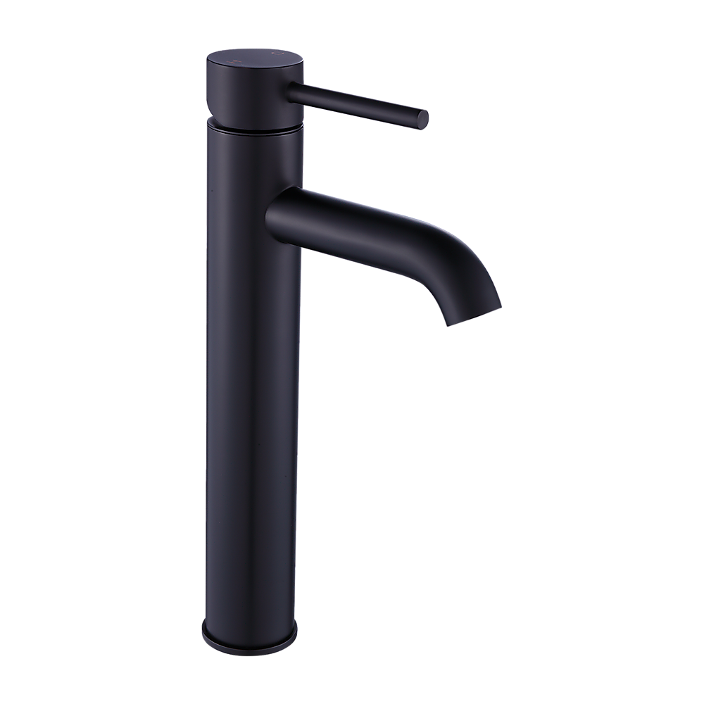 Tall basin mixer tap faucet in matte black, single lever and curved spout