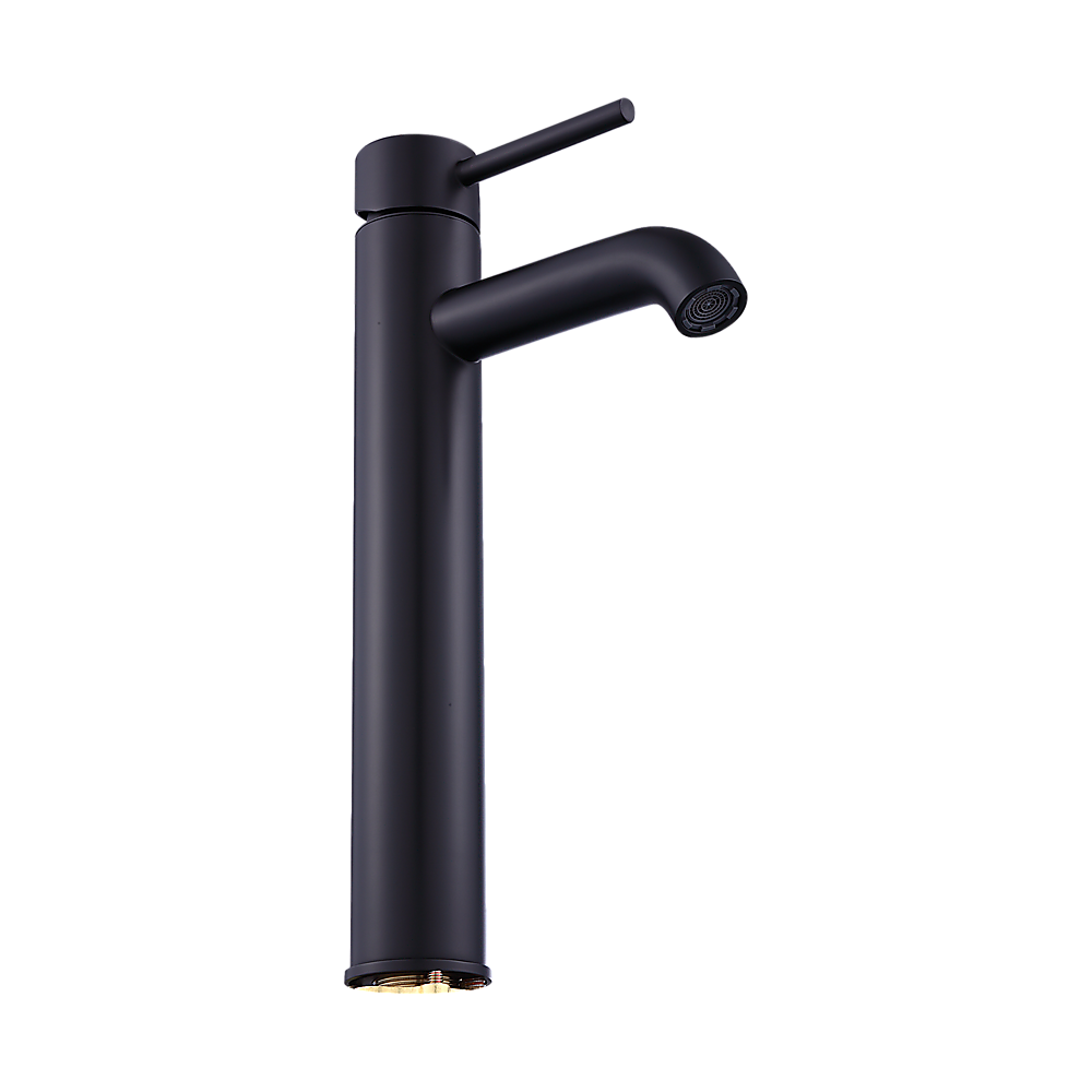 Tall basin mixer tap faucet with black finish and round aerator on outlet