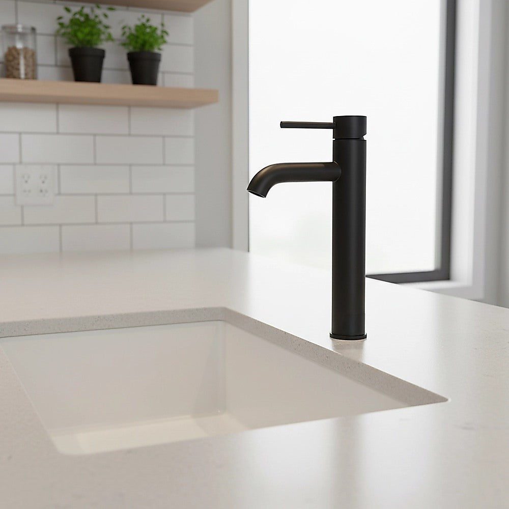 Tall matte black basin mixer tap faucet installed on kitchen countertop
