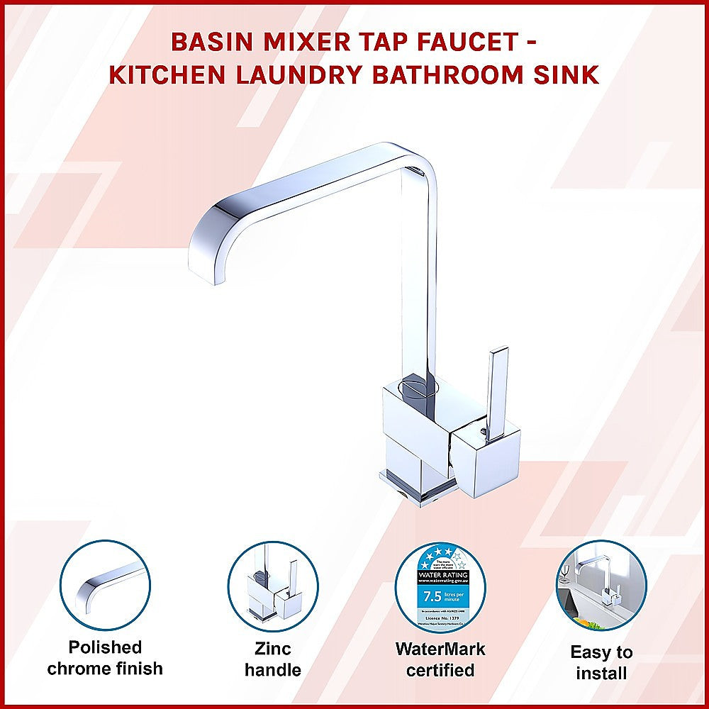 Chrome basin mixer tap with curved spout and two handles, polished finish