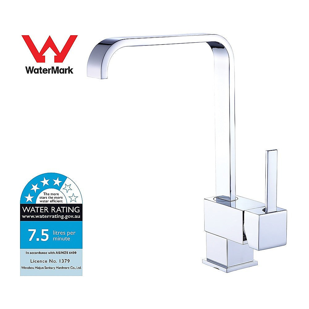 Polished chrome basin mixer tap with tall angled spout and dual handles