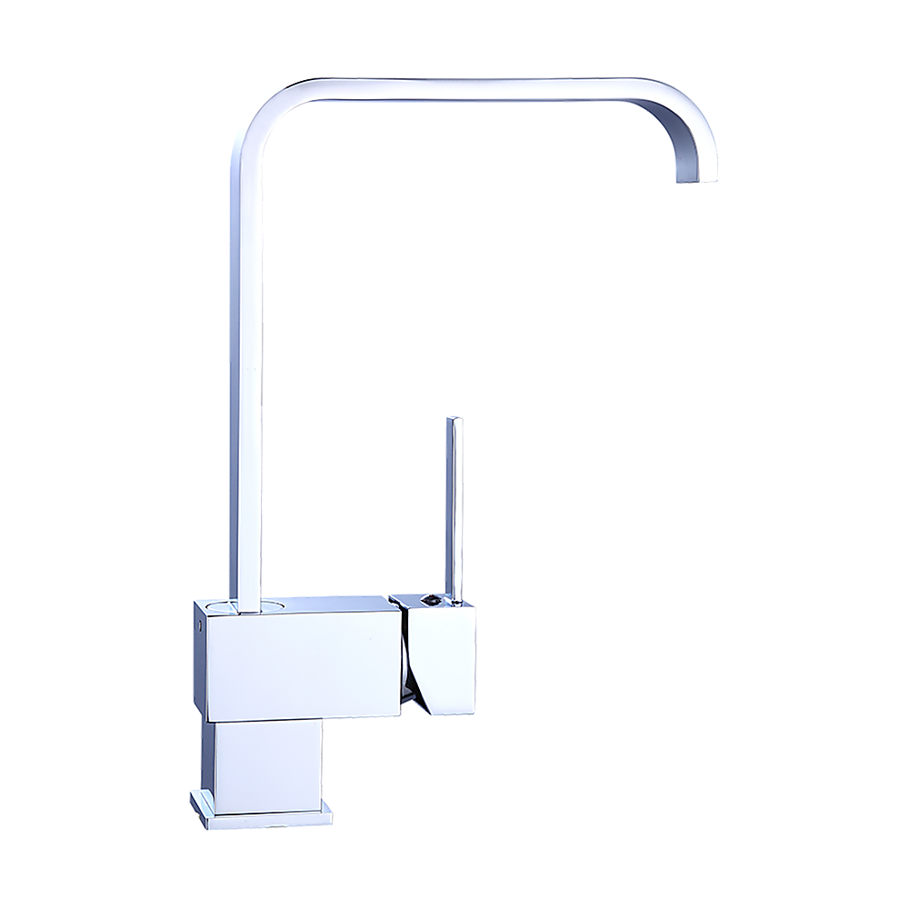 Chrome basin mixer tap shown from front with two tall control handles