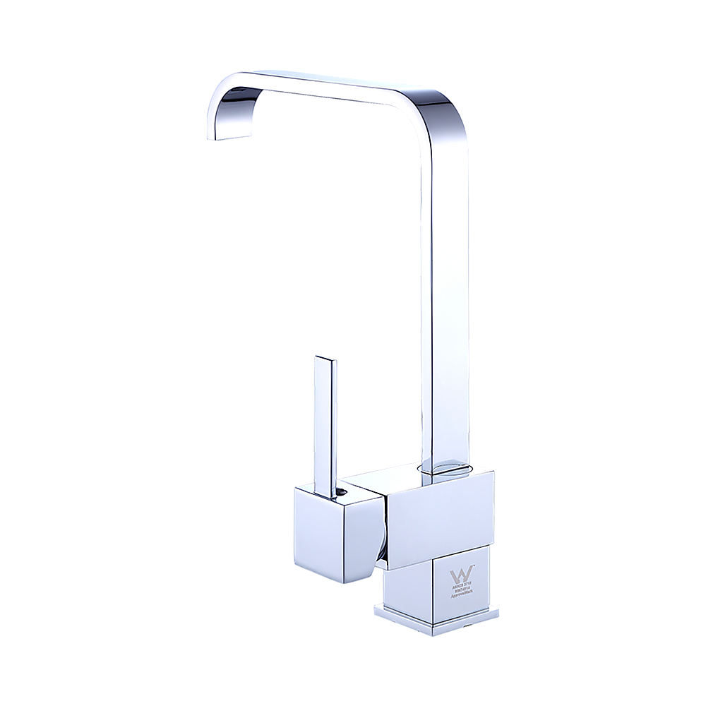 Polished chrome basin mixer tap with tall spout and two square base blocks