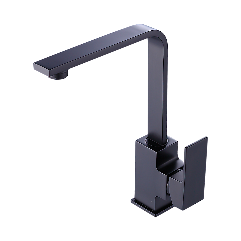 Matte black single-hole mixer tap with tall curved spout and square base