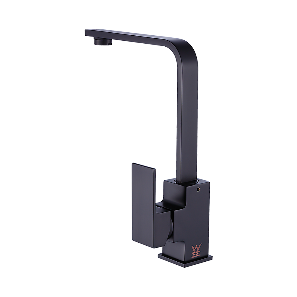 Matte black mixer tap faucet with L-shaped neck and two-piece side handle