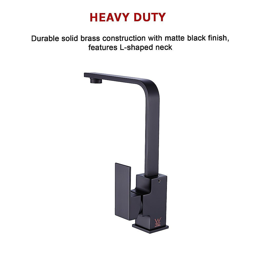 Matte black mixer tap faucet with L-shaped spout and rectangular side panels