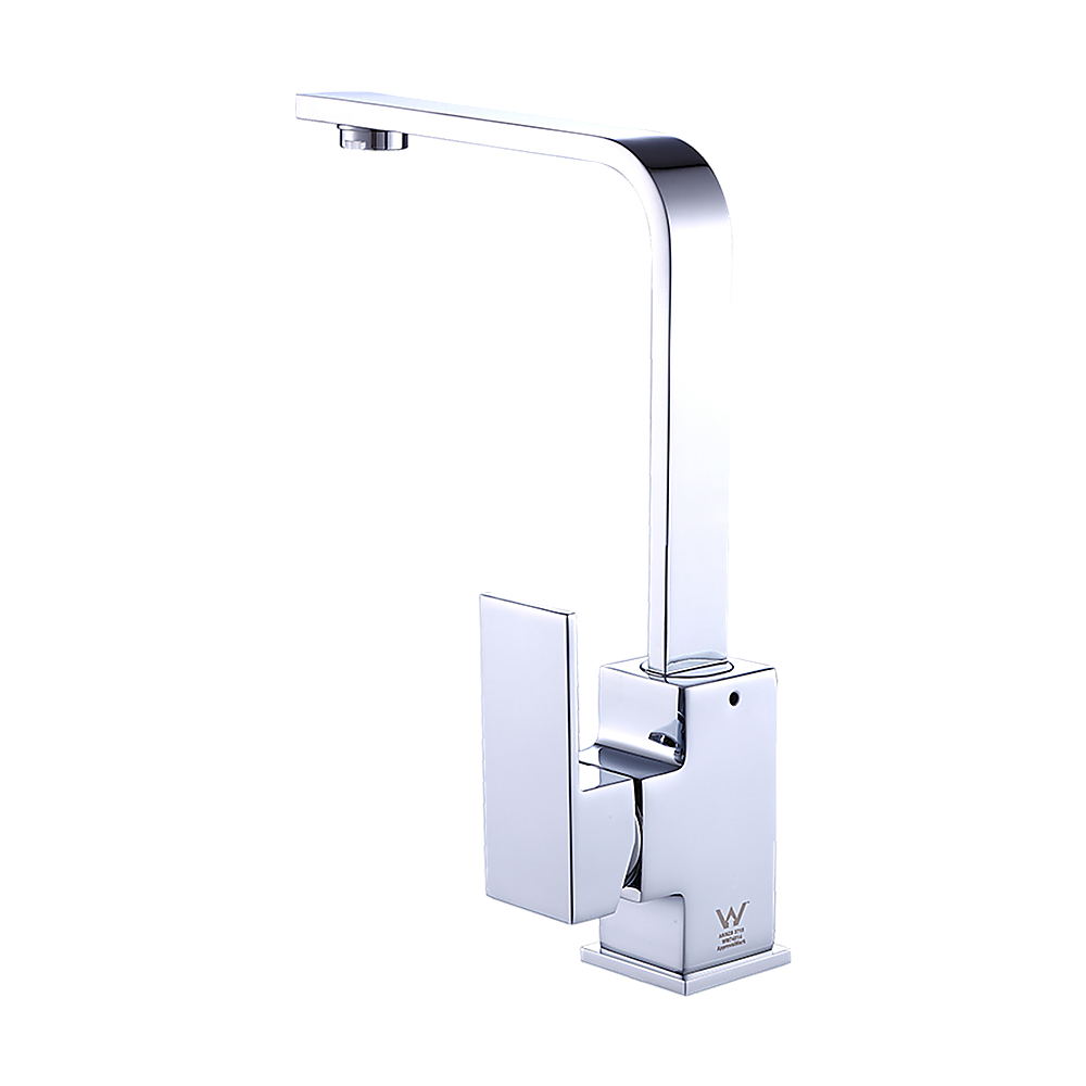 Chrome kitchen mixer tap faucet with single square handle and tall curved spout