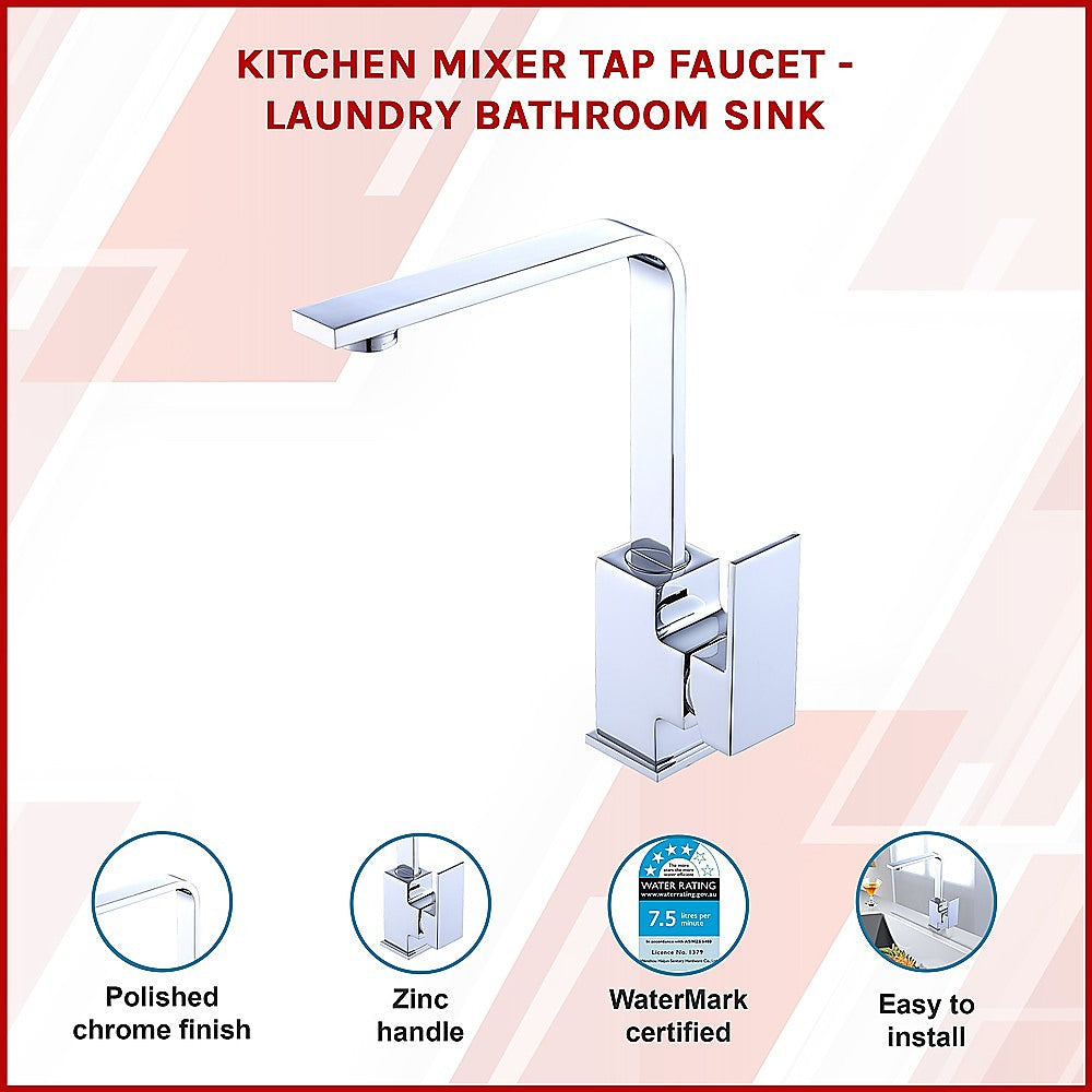 Chrome mixer tap faucet with tall curved spout and square control handle (infographic)