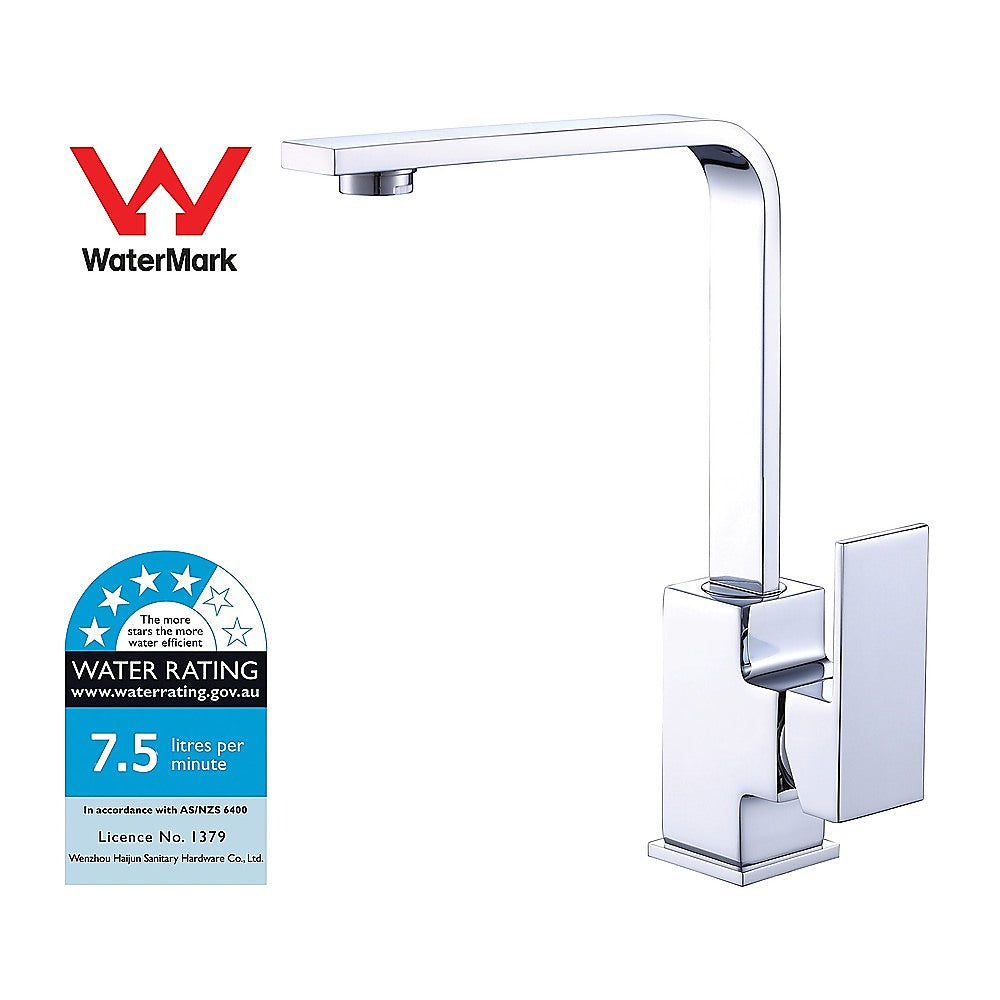 Chrome mixer tap faucet with tall curved spout and square handle, WaterMark badge
