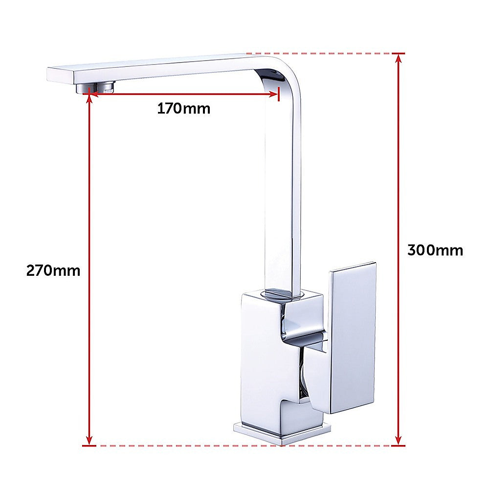 Chrome mixer tap faucet with dimensions diagram: tall curved spout and square handle
