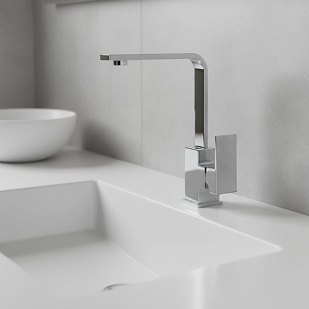 Chrome mixer tap faucet over sink with tall curved spout and square control box