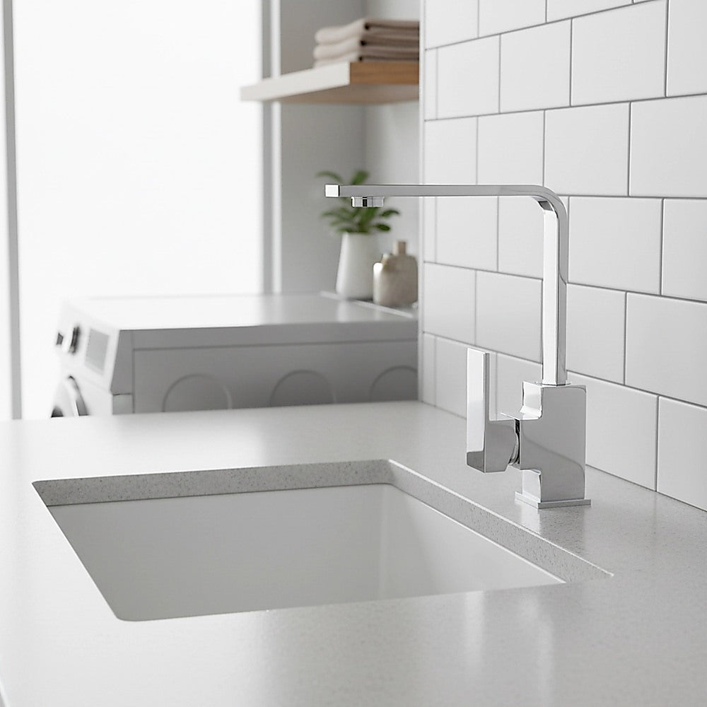 Chrome mixer tap faucet over corner sink with tall curved spout and square handle