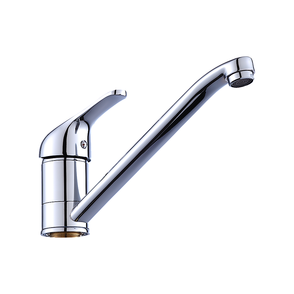 Chrome basin mixer tap with curved spout and single handle, spray head on top