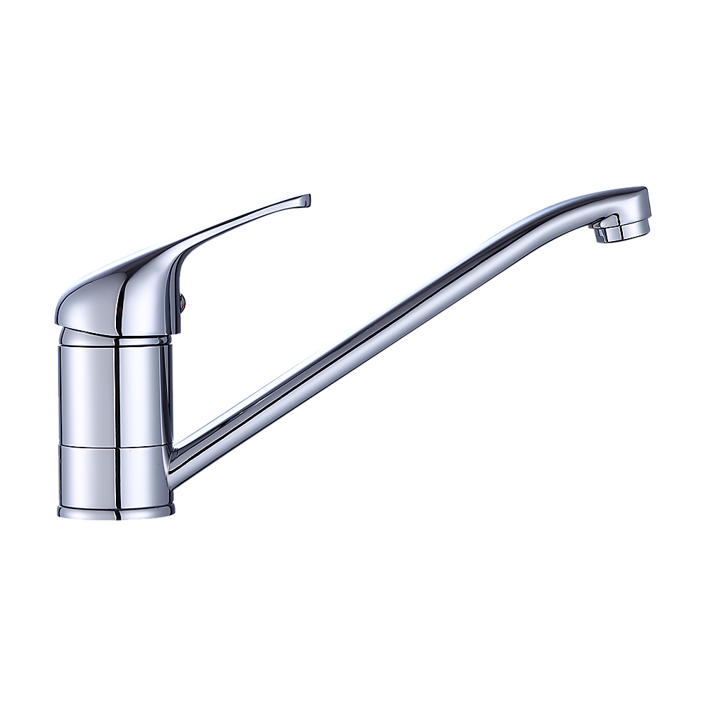 Chrome basin mixer tap with arched neck spout and single handle, front view