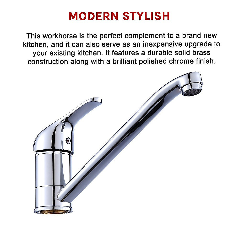 Chrome basin mixer tap faucet with arched spout and single lever, angled view
