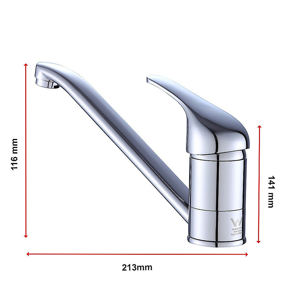 Chrome basin mixer tap dimensions diagram, curved spout with single lever handle