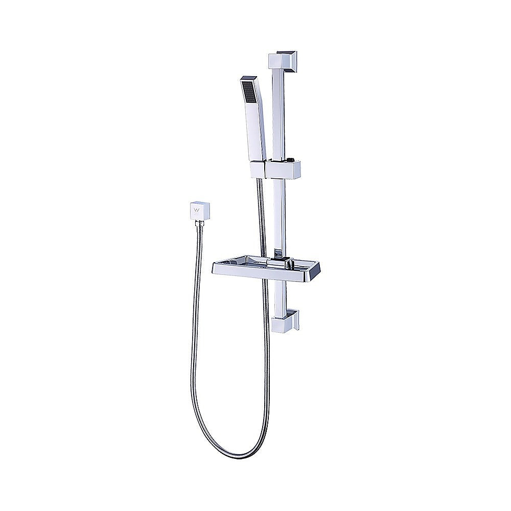 Chrome hand held shower rail with soap dish and flexible hose