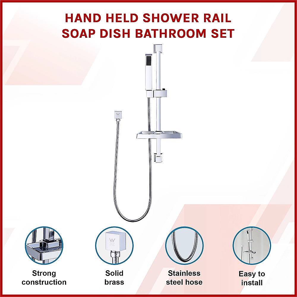 Stainless steel-look hand held shower rail and soap dish bathroom set