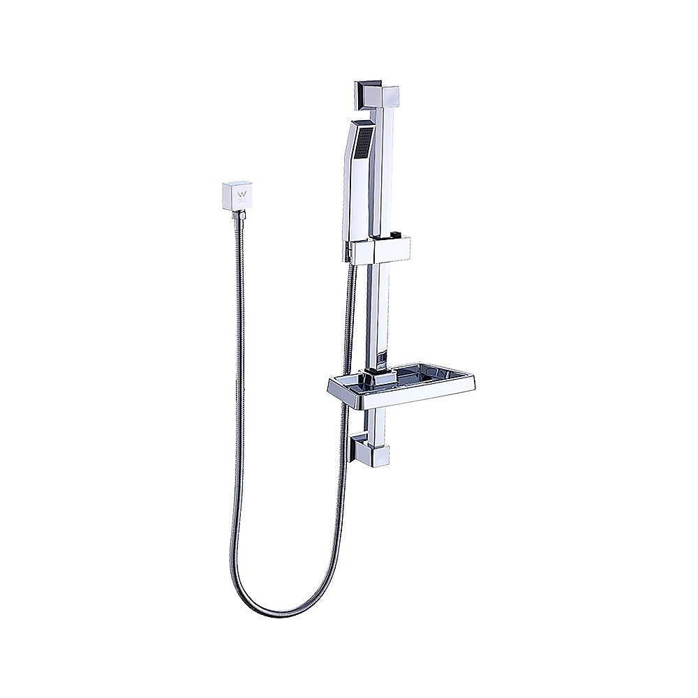 Chrome hand shower rail set with soap dish shelf and flexible hose