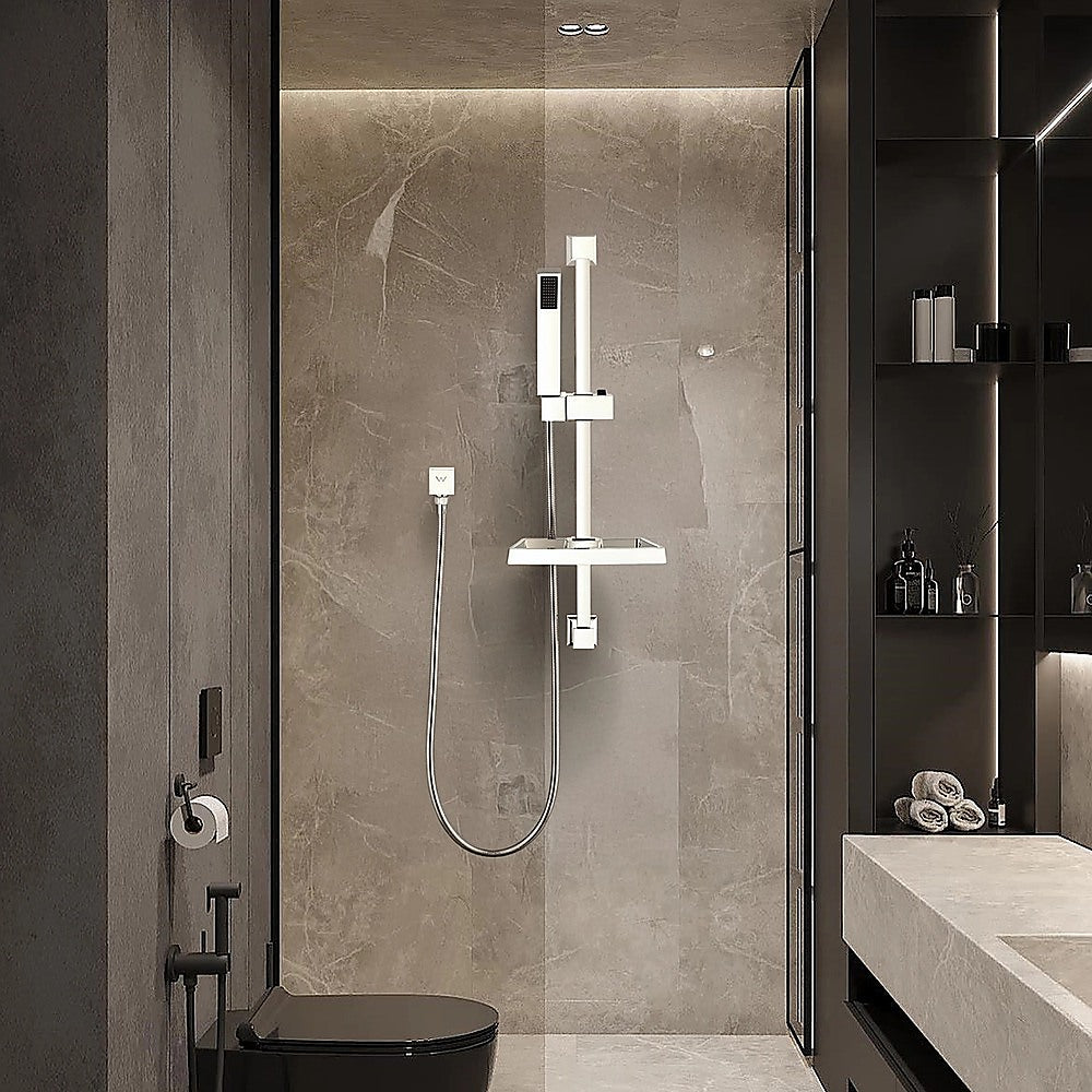 Chrome hand held shower rail with soap dish mounted in a shower