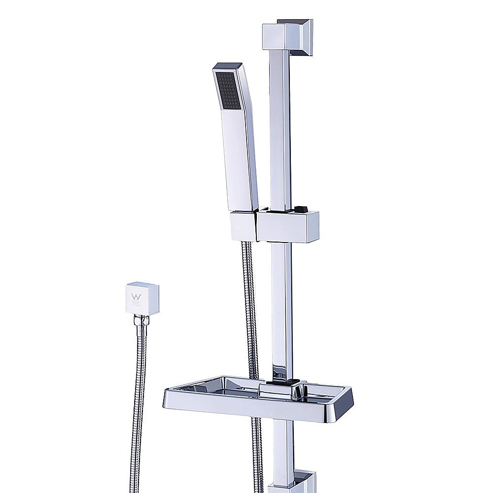 Chrome hand shower rail set with soap dish and flexible hose, close-up