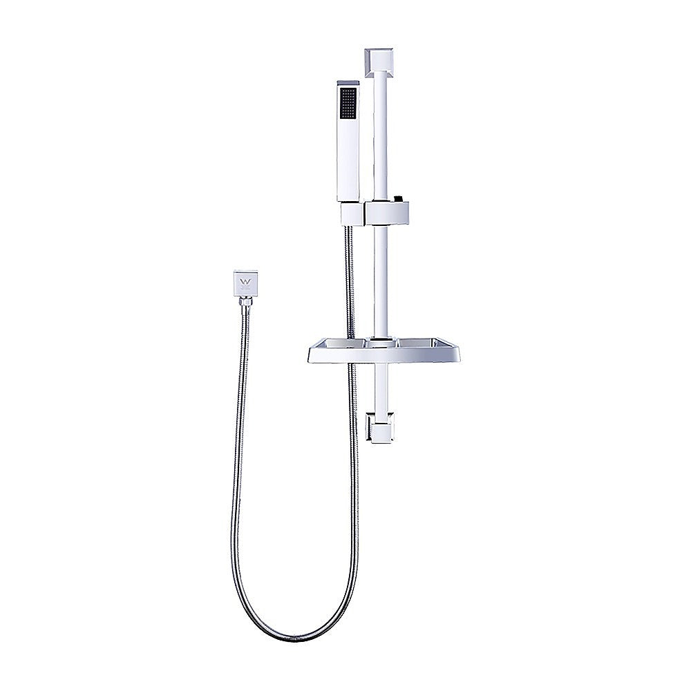 Chrome hand held shower rail with soap dish and hand shower cradle