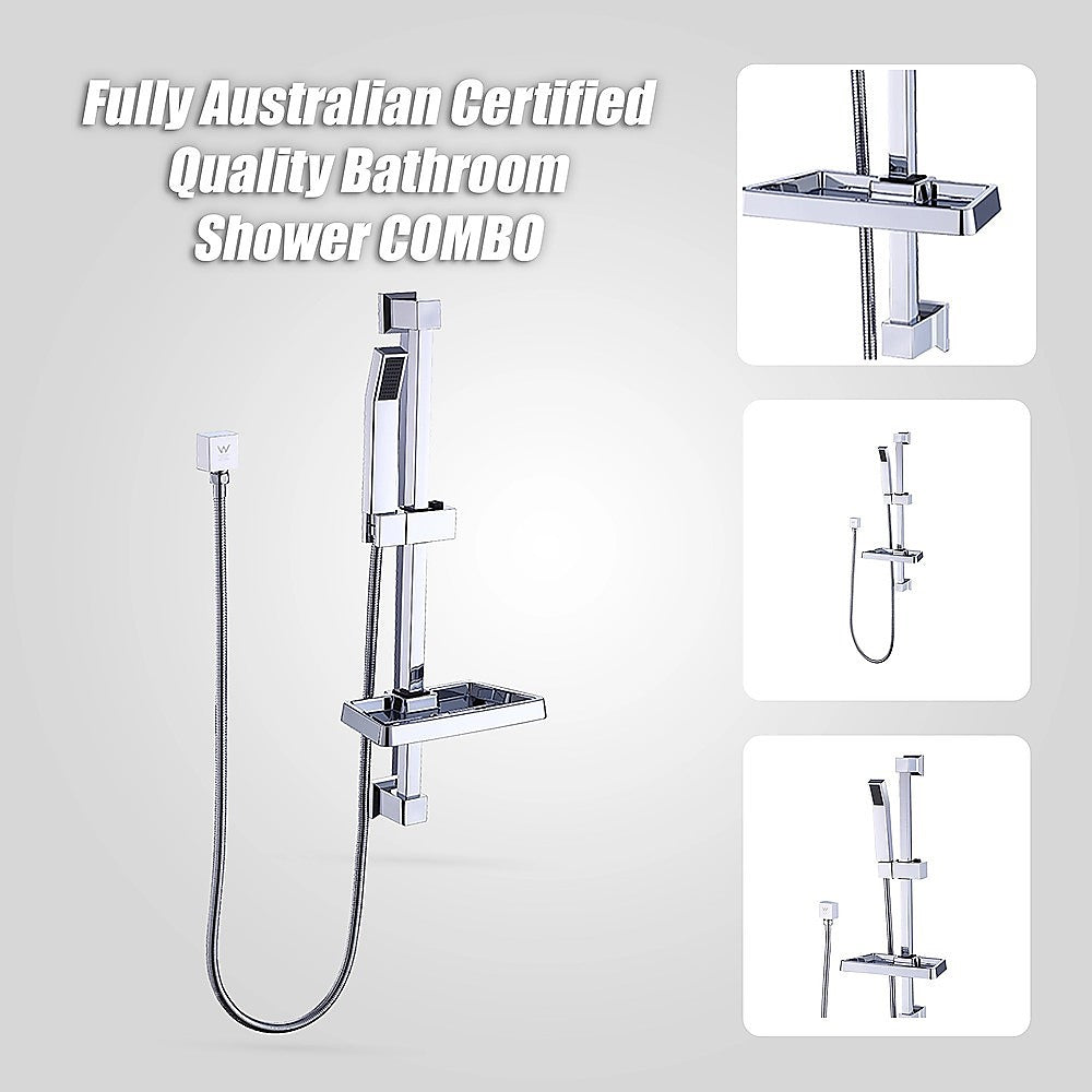 Chrome shower combo with hand held rail and soap dish