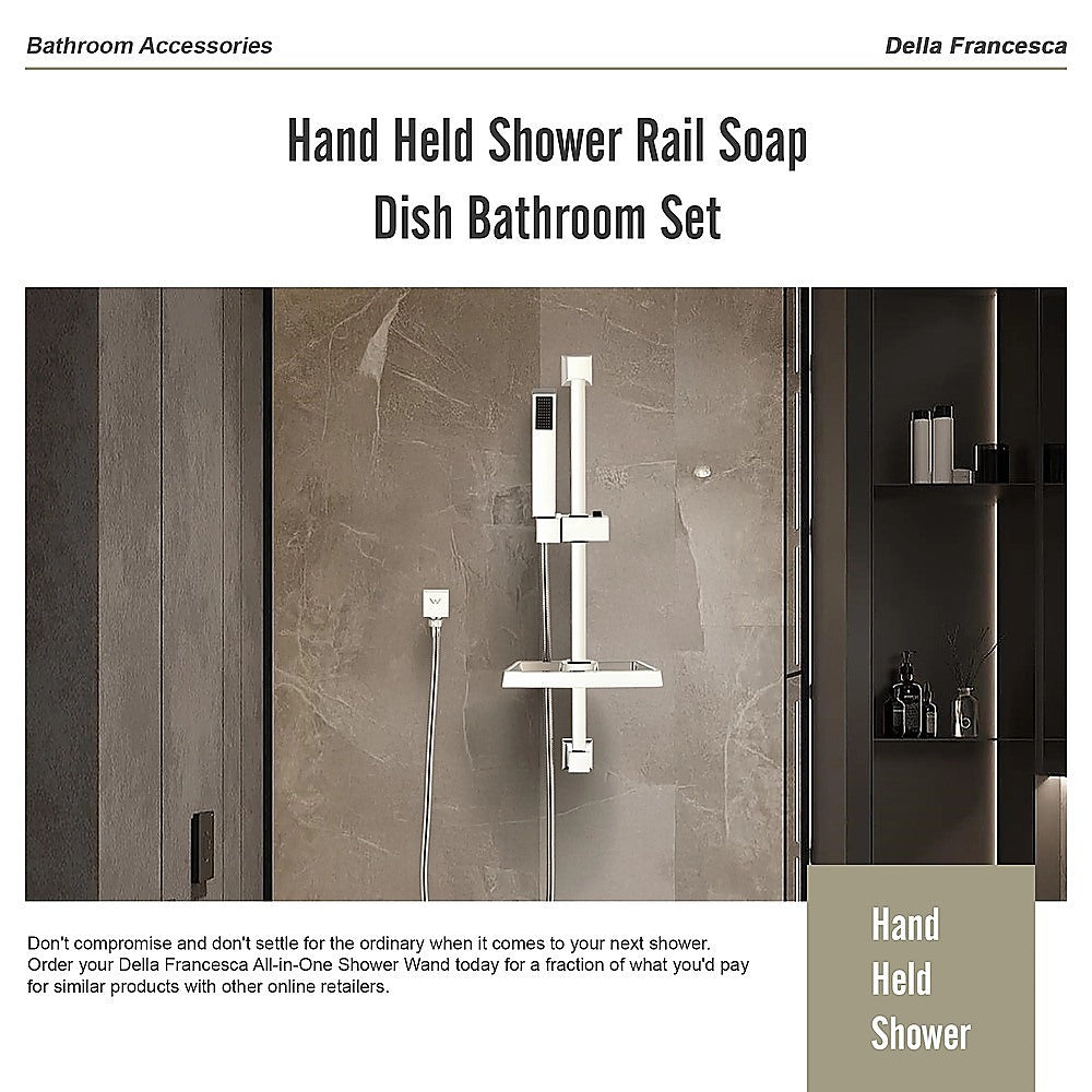 Chrome hand held shower rail soap dish set installed in a modern shower