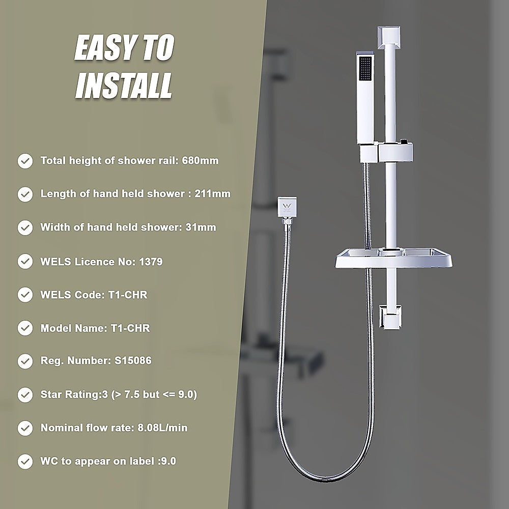 Handheld shower rail set with soap dish, white and chrome, wall bracket and hose
