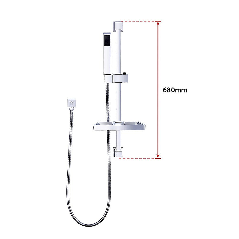 Handheld shower rail set with soap dish, chrome poles and hose, compact shower head