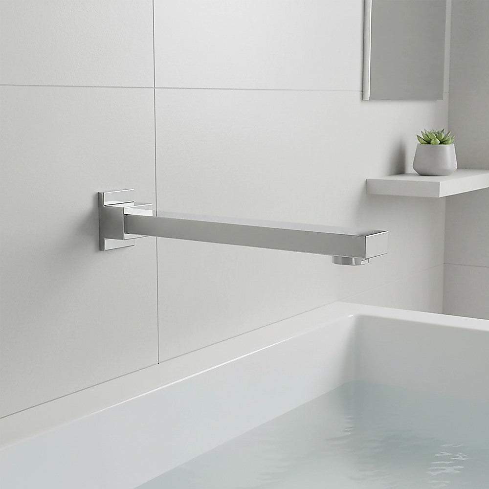 Polished chrome wall-mounted bath spout with flat rectangular spout bar